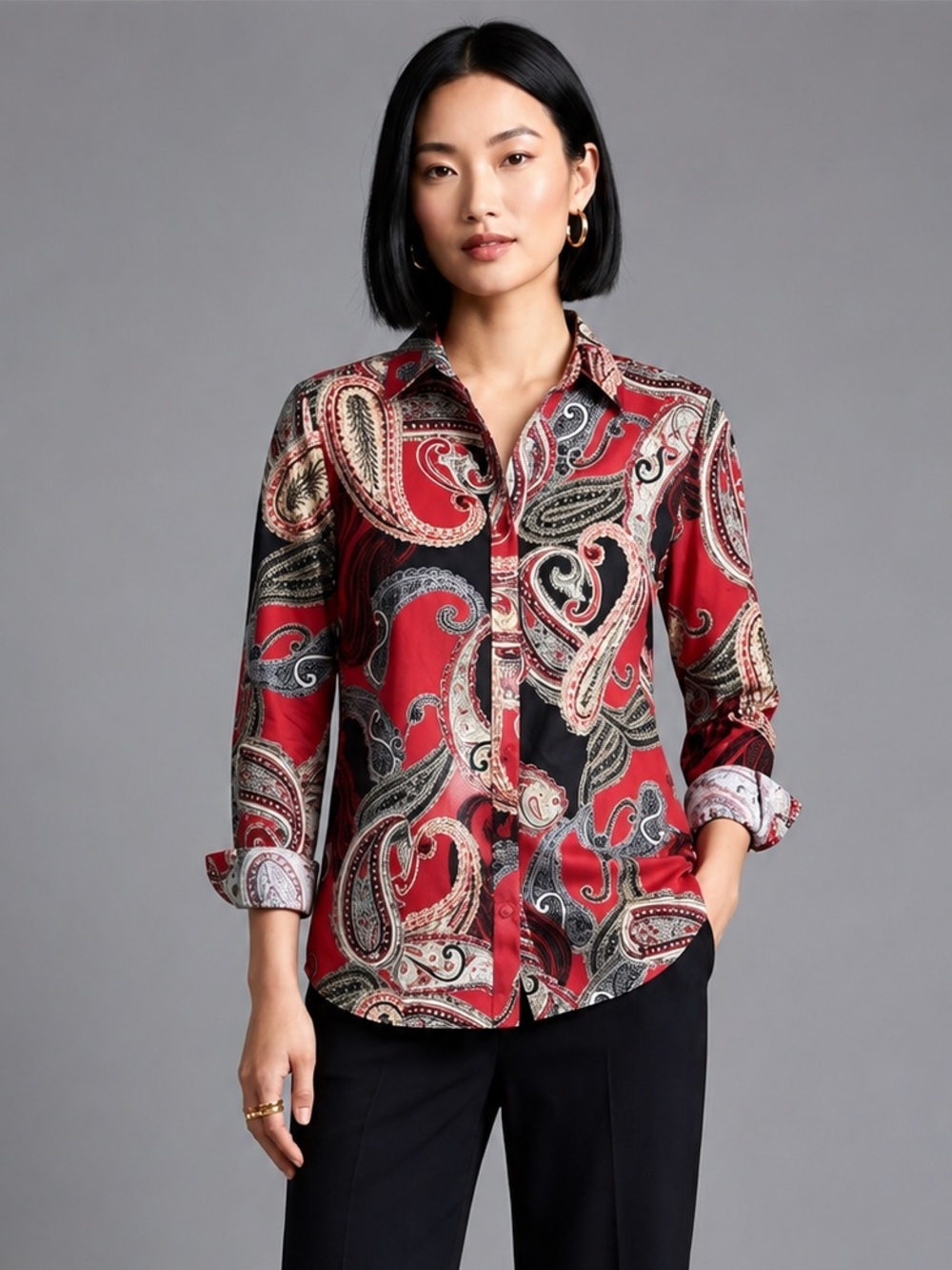 Chico’s Red Paisley Button Front Blouse Long Sleeve Lightweight Top size M